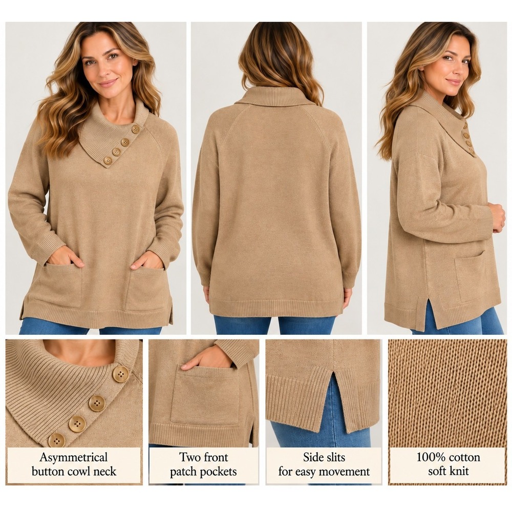 Jeanne Pierre XL Sweater Tunic Camel Heather 100% Cotton Button Cowl Neck NWT